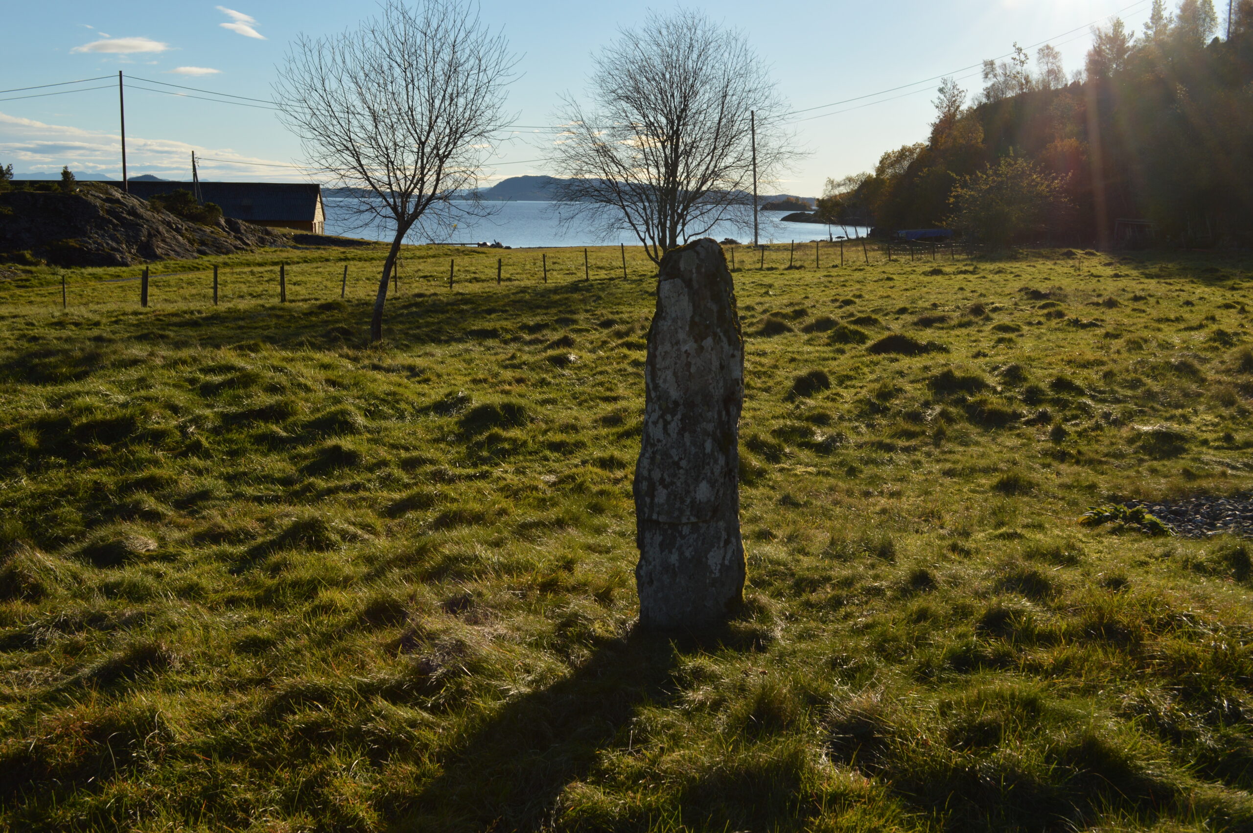 En enkeltstående stein er plassert på en gresslette i nærheten av en strandlinje, med løvløse trær, et gjerde og vann i bakgrunnen.