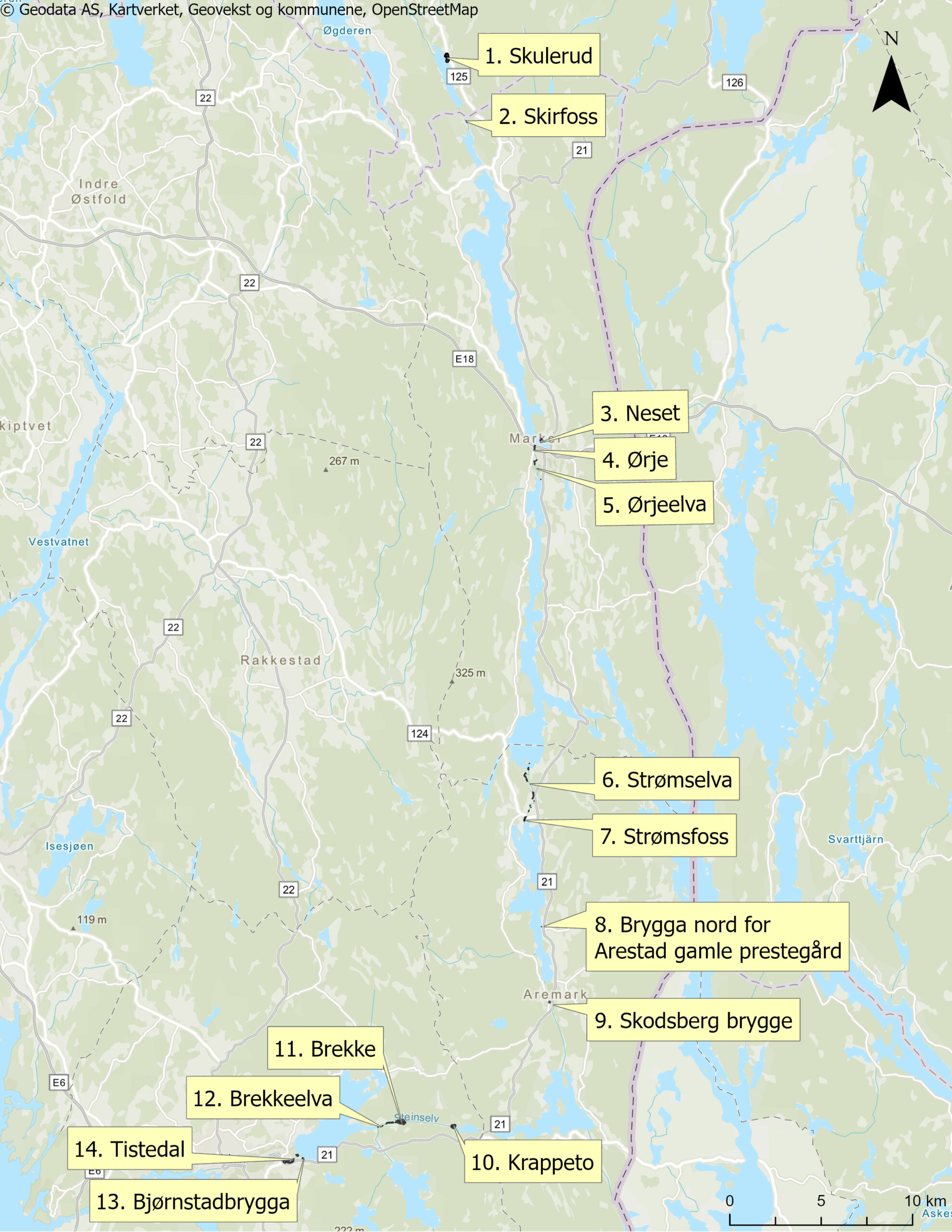 Kart som viser steder i Norge med nummererte markører for steder som Skulerud, Skifoss, Neset, Ørje og andre langs et elvesystem, merket med gule bokser.