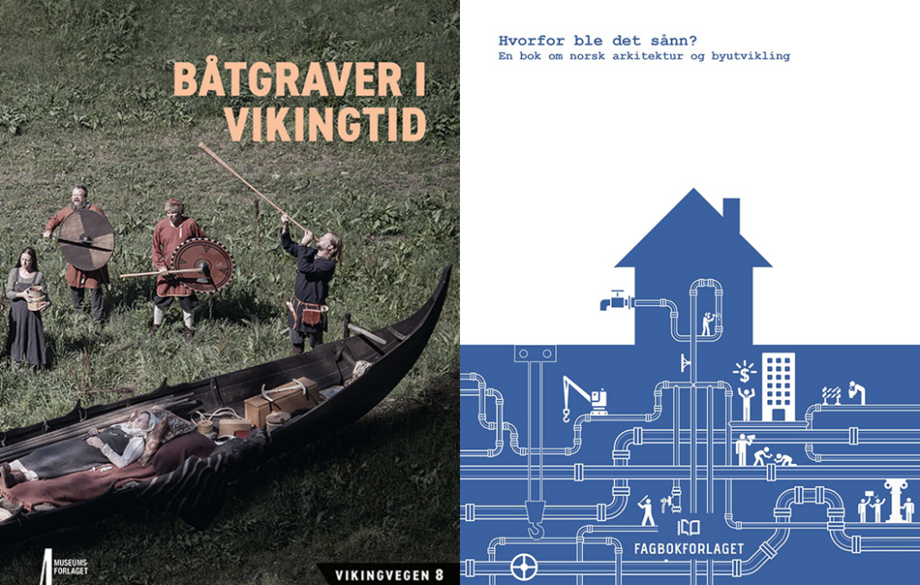 Bildet er delt i to: venstre side viser mennesker i vikingklær ved en båtbegravelse, mens høyre side viser en blå og hvit grafikk av et hus med rør og arkitektoniske elementer.