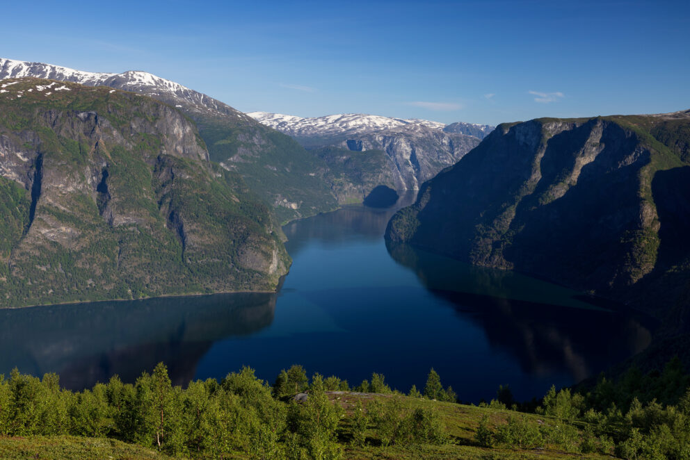En bred elv eller fjord slynger seg mellom bratte, grønne fjell under en klarblå himmel, med snødekte fjelltopper i bakgrunnen.