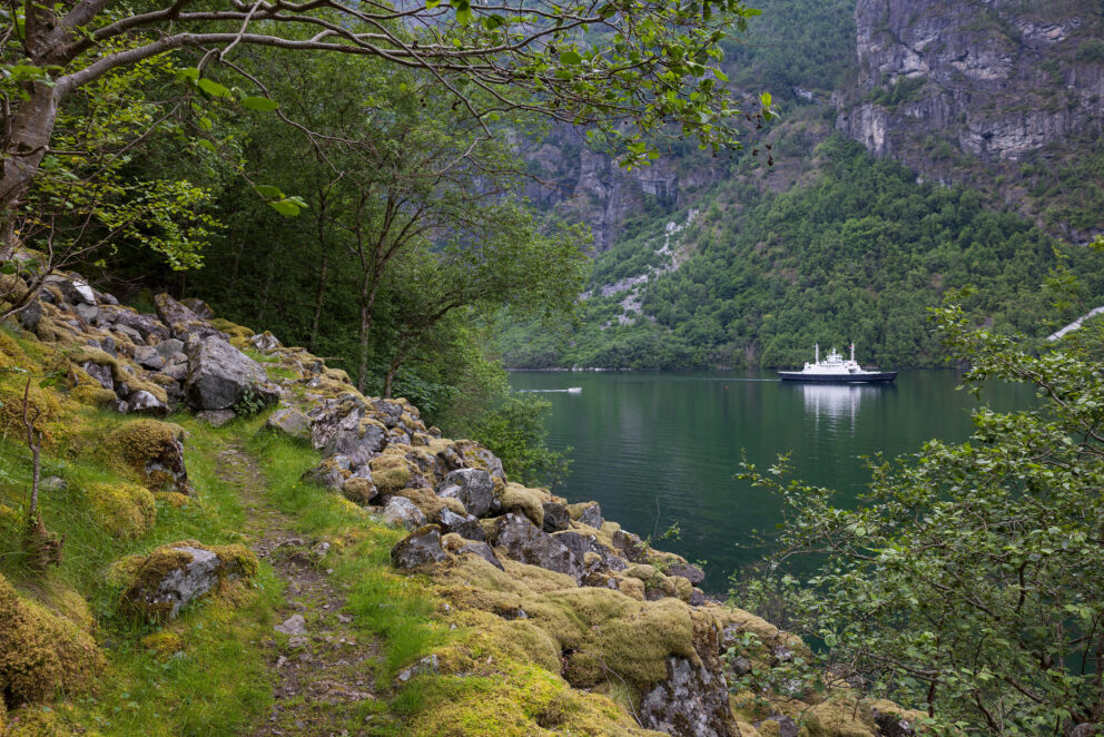 En mosegrodd sti og en steinete skråning fører til en rolig, grønn fjord med et hvitt skip som ligger for anker nær skogkledde fjell.