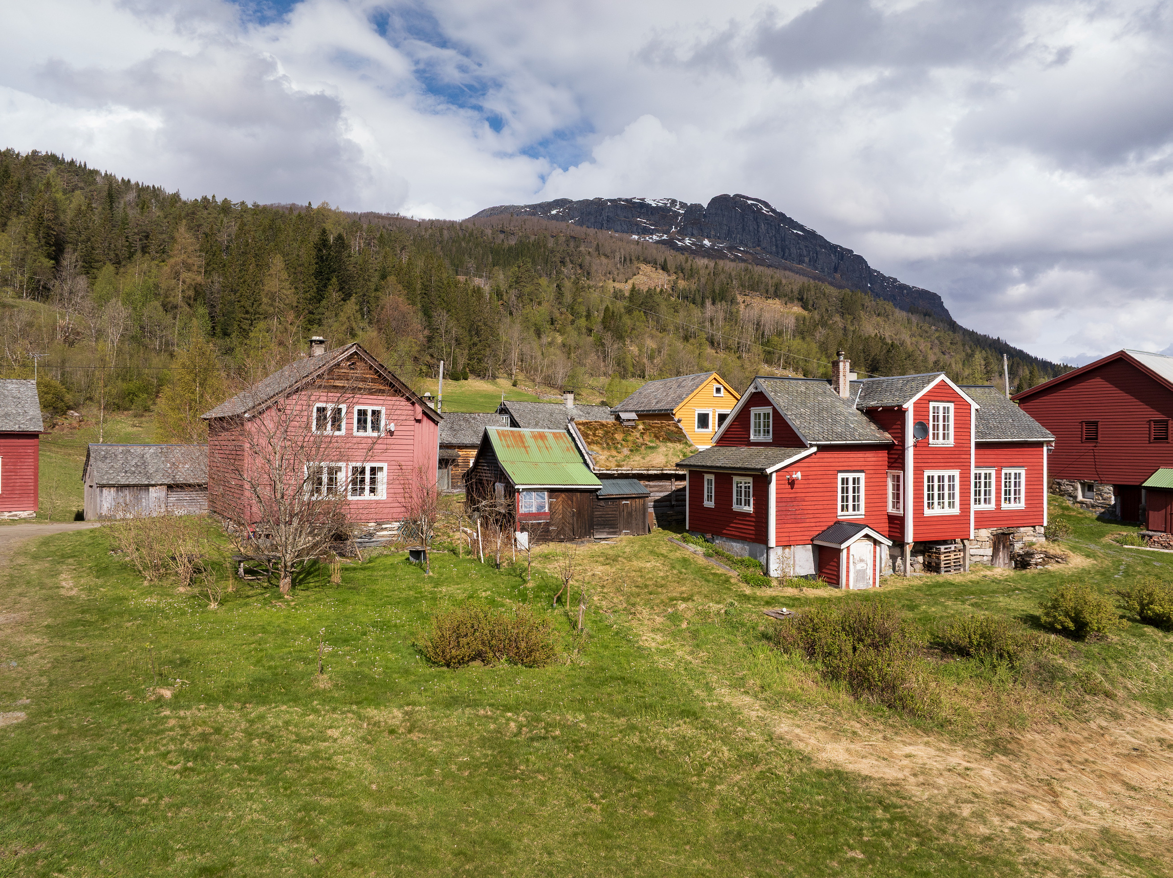 Flere røde trehus ligger på et grønt gressområde med trær og et fjell i bakgrunnen under en delvis overskyet himmel.