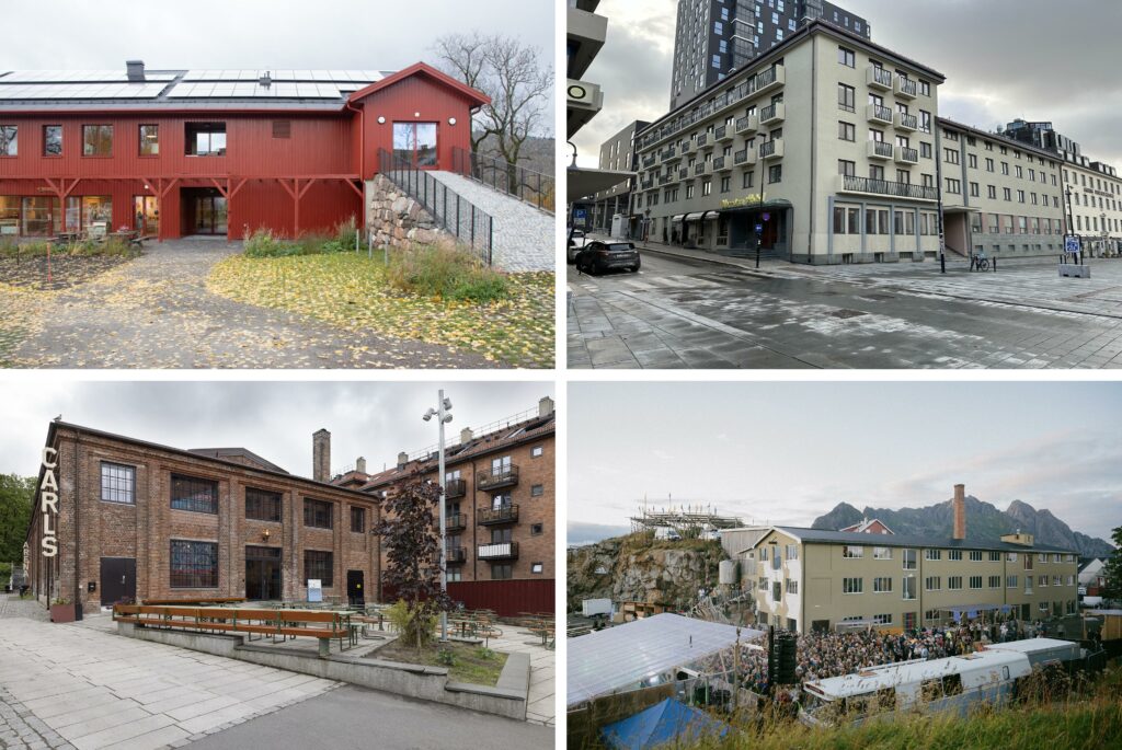 En collage av fire forskjellige bygninger: en rød låvelignende bygning, en moderne boligblokk, en murbygning med uteservering og en stor hvit industribygning med en folkemengde utenfor.