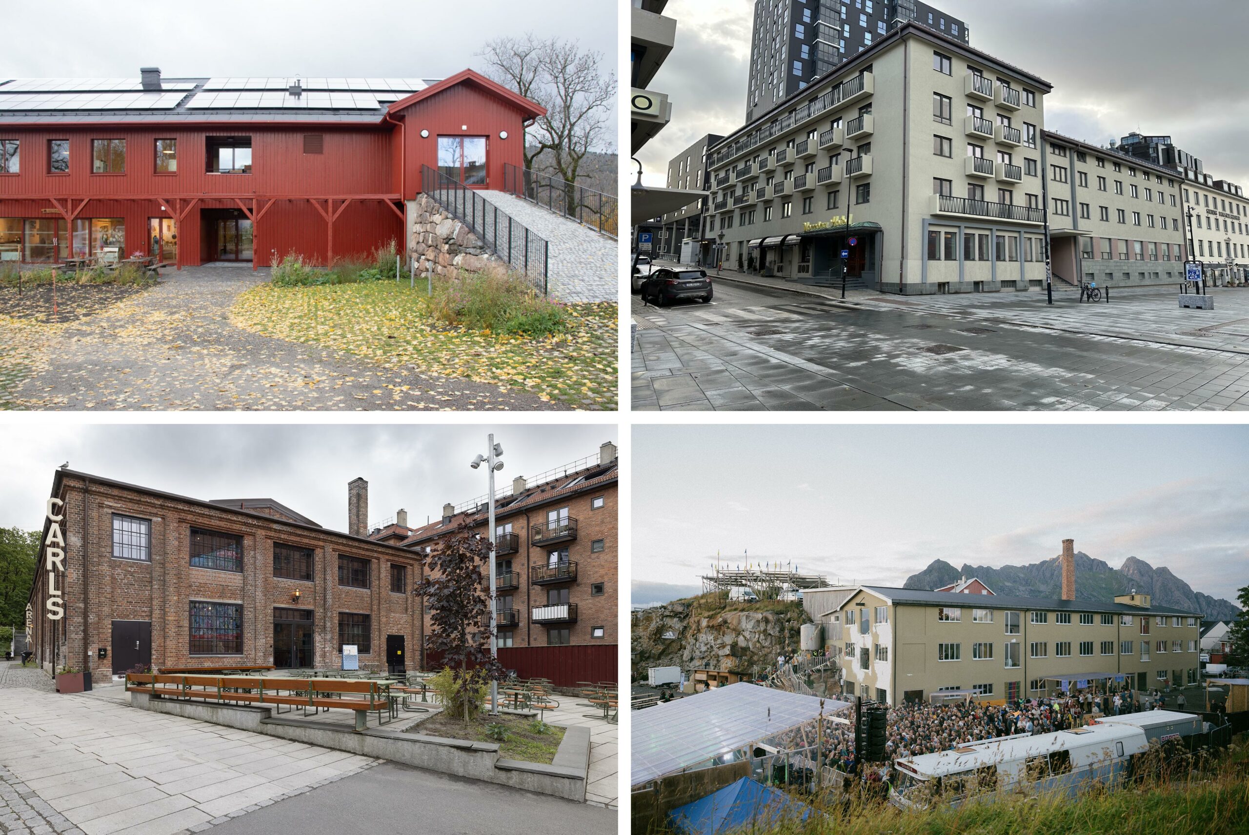 En collage av fire forskjellige bygninger: en rød låvelignende bygning, en moderne boligblokk, en murbygning med uteservering og en stor hvit industribygning med en folkemengde utenfor.