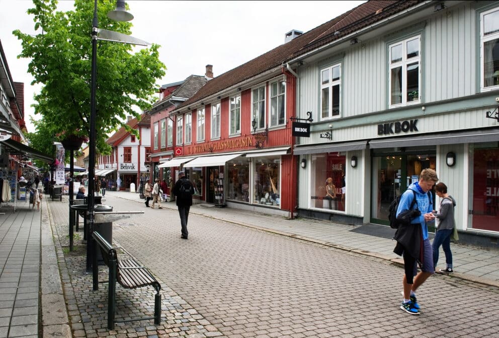 Gågata i Lillehammer, med butikker, benker og et tre; folk som går og ser på butikkvinduene på en overskyet dag.