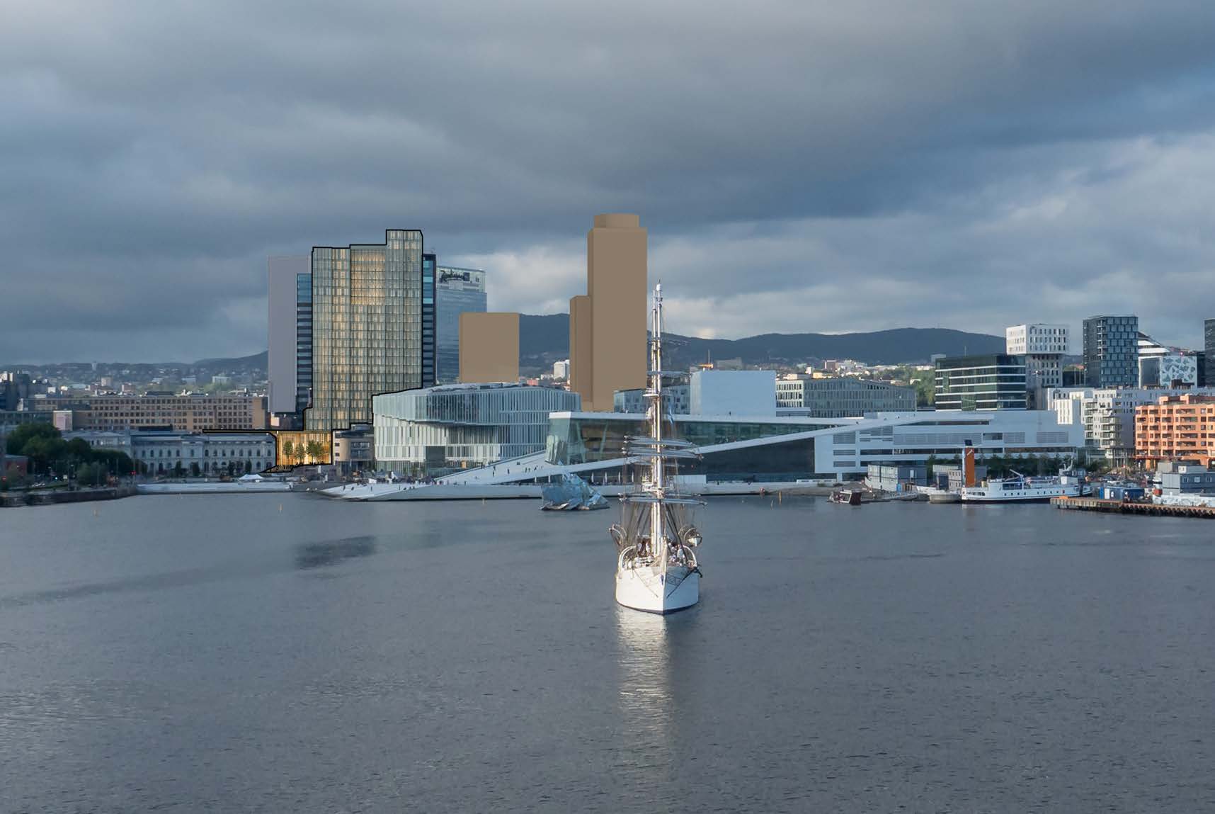 En seilbåt på rolig vann med moderne bygninger, blant annet noen med beige overlegg, under en overskyet himmel i en byhavn.