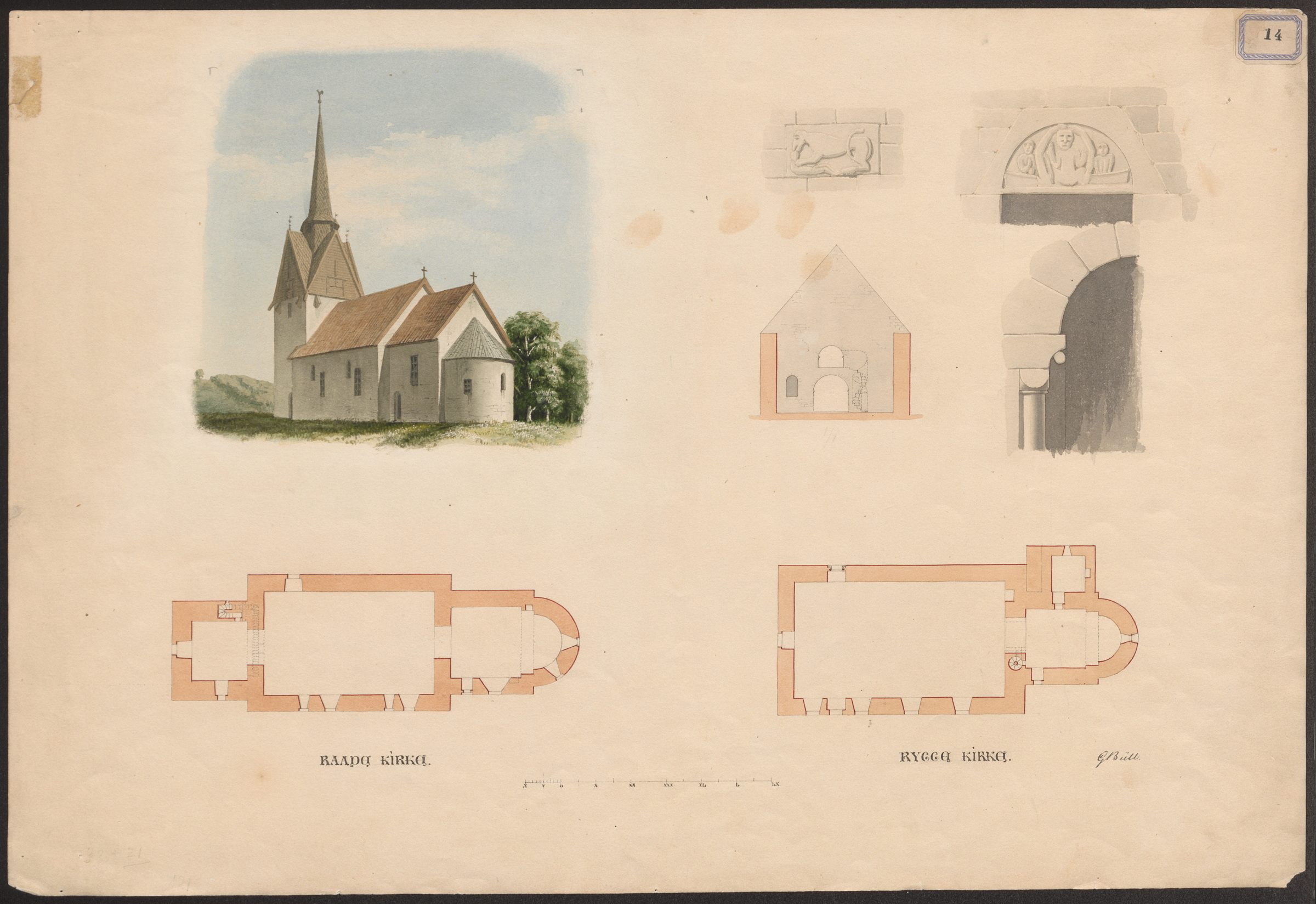 Norges dokumentarv 5 Arkitekttegning som viser utvendig utseende, plantegninger, snitt og detaljer av en liten kirke med tårn og rødt tak.