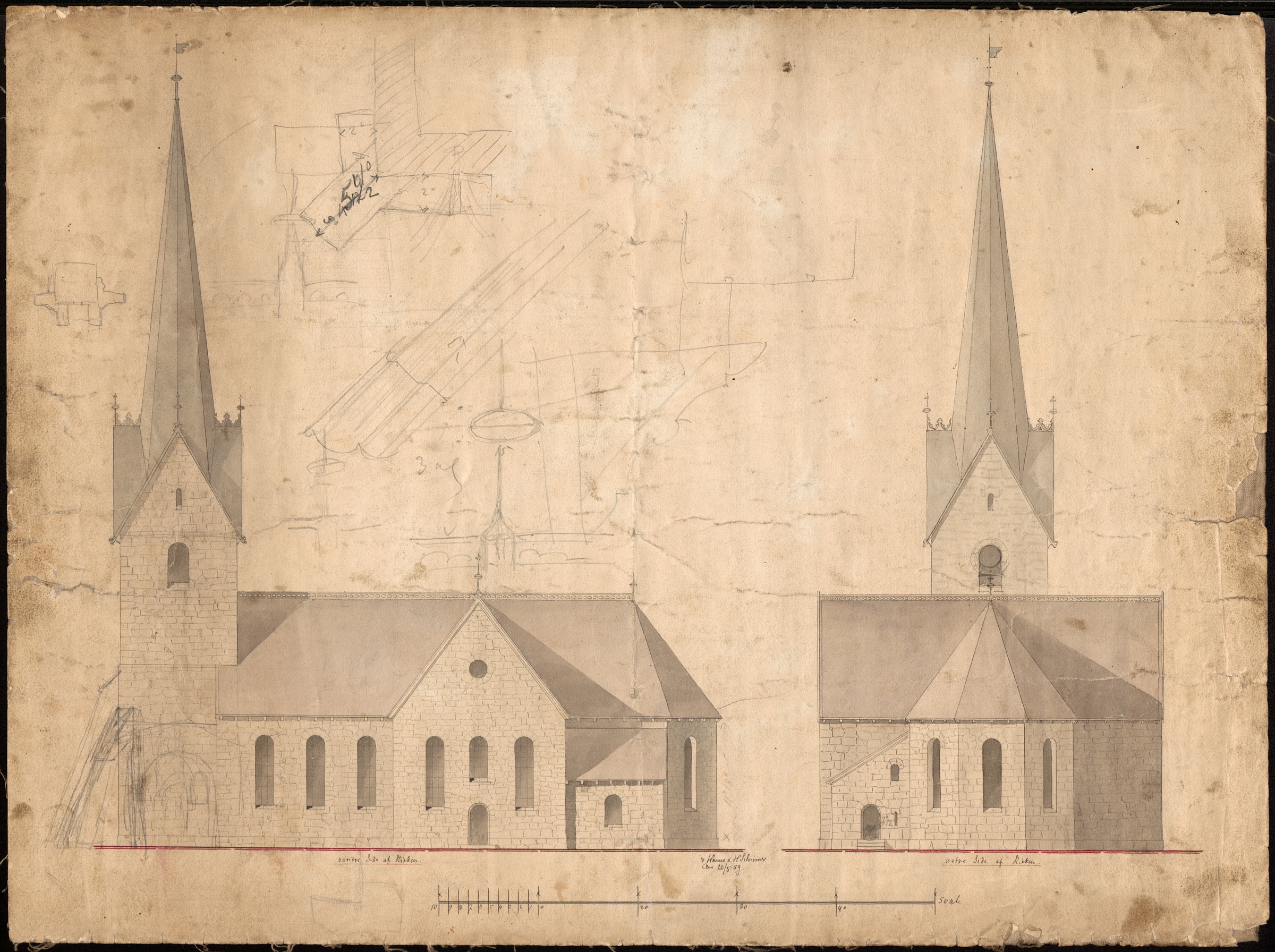 Norges dokumentarv 4 Arkitekttegning av en steinkirke med et høyt spir, som viser side- og fasadeutsnitt, samt svake skisser av konstruksjonsdetaljer i bakgrunnen.