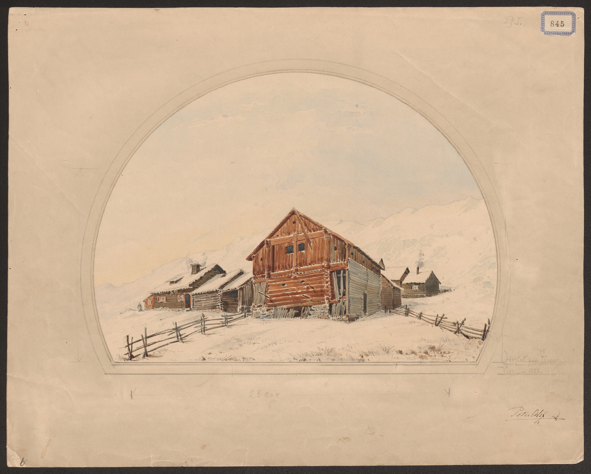Norges dokumentarv 11 Akvarellillustrasjon av en tømmerhytte og to uthus i et snødekt landskap, omgitt av et treverkstak med fjell i bakgrunnen.