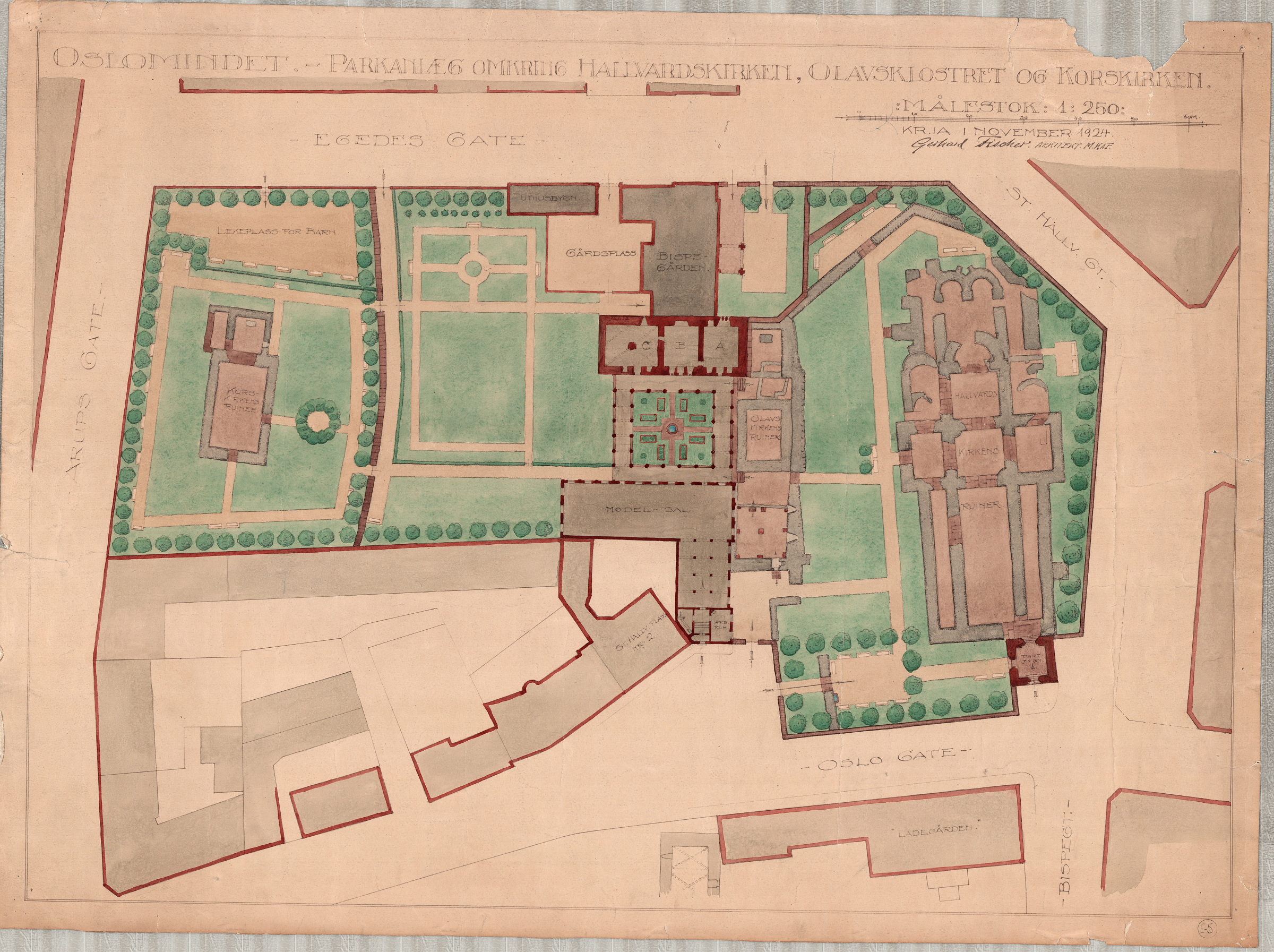 Norges dokumentarv 7 Arkitektonisk tomteplan med betegnelsen «Oslo-Midtet», som viser bygninger, hager og gater, med merknader og omkringliggende veier merket som Ladegårds gate og Oslo gate.