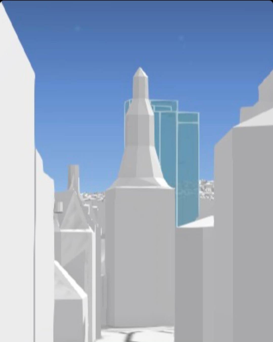 Digital gjengivelse av et bylandskap med hvite, geometriske bygninger og to høye blå glassbygninger i bakgrunnen, mot en klar blå himmel.