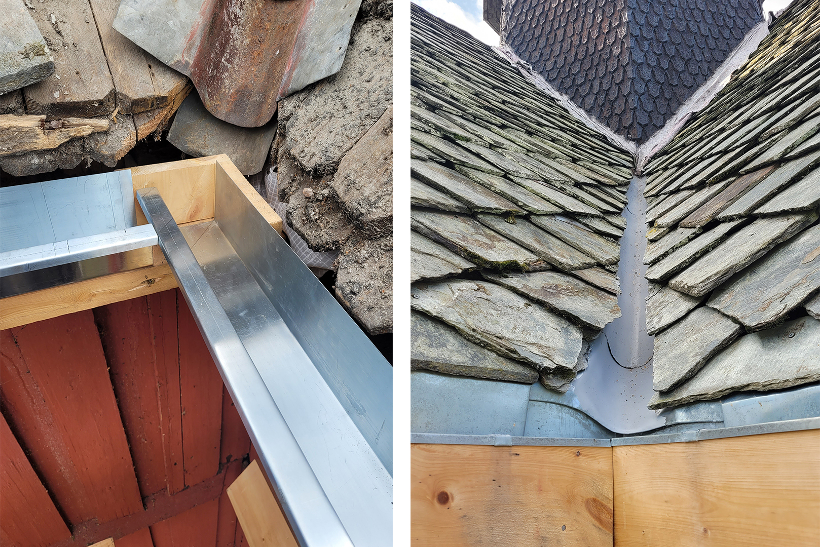 Når ein lyt jekke seg opp litt 25 To bilder viser detaljer fra takkonstruksjonen: på bildet til venstre er det montert ny metallbeslag på tre, mens bildet til høyre viser metallbeslag som er integrert med gamle steintakstein i en takrenne.