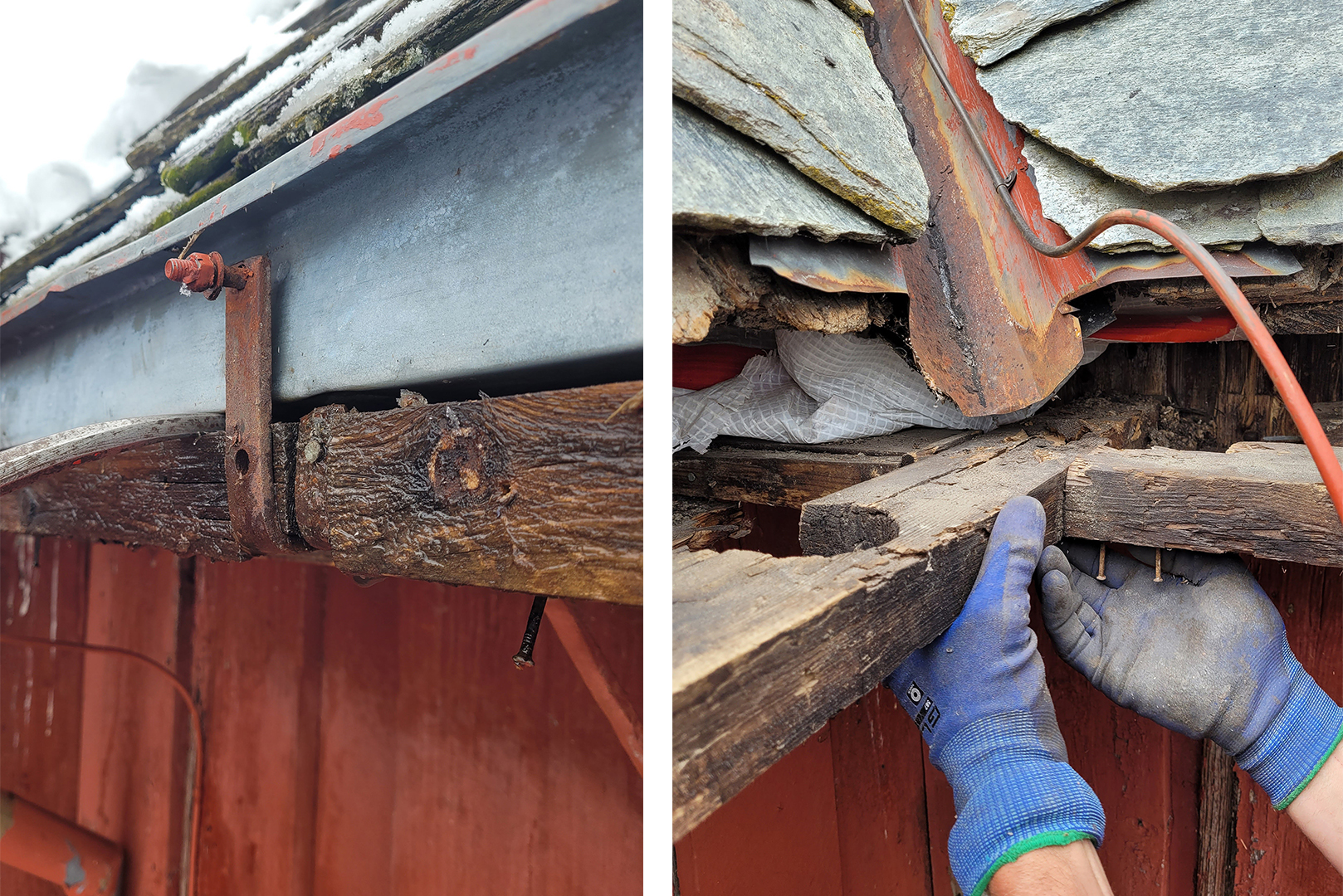 Når ein lyt jekke seg opp litt 10 Til venstre: Rustent takrenne av metall og råtten trebjelke. Til høyre: Hender med hansker som holder fast i skadet treverk under et skifertak, noe som viser reparasjonsarbeid på konstruksjonen.