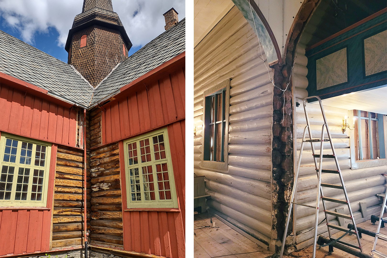Når ein lyt jekke seg opp litt 12 Delt bilde som viser utsiden og innsiden av en gammel trebygning; den ene siden har forvitret rød kledning, mens den andre viser synlige tømmerstokker og en byggestige inne i bygningen.