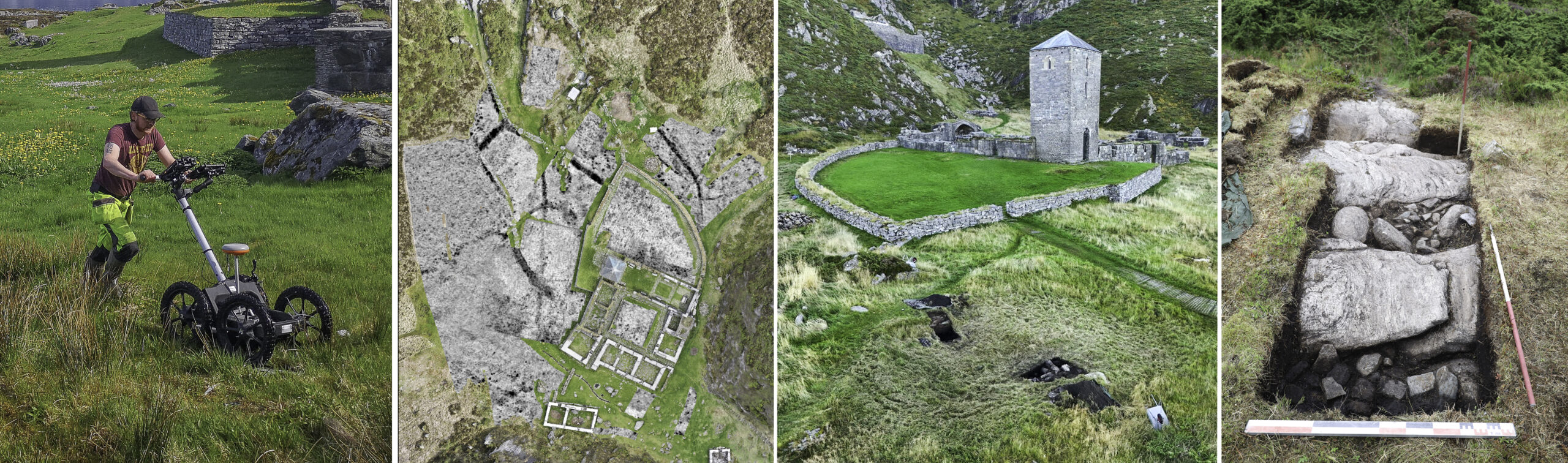Boklansering - arkeologisk geofysikk i Norge 1 De fire bildene viser: en person som bruker jordradar, et geofysisk kart i gråtoner, et utgravd gressområde med steinruiner og et nærbilde av en arkeologisk utgravningsgrøft med steiner.