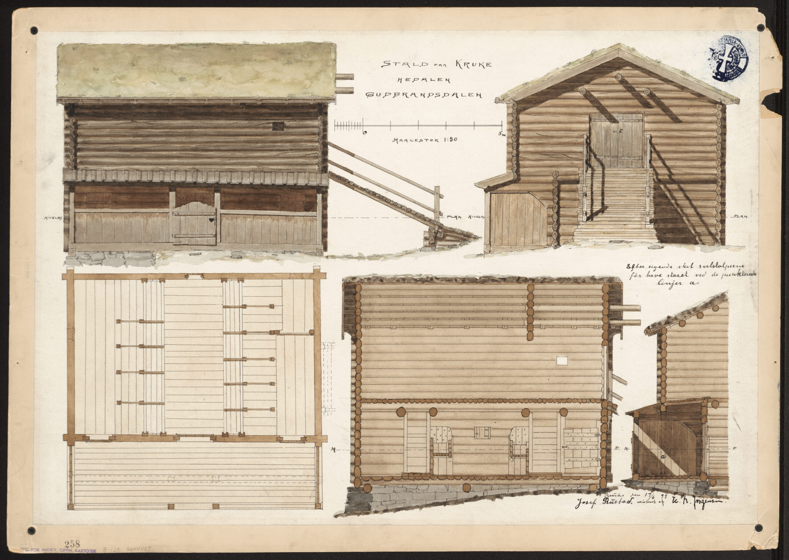 Arkiver og samlinger 7 Arkitekttegning av en stall i tre, som viser front-, side- og ovenfra-perspektiver, samt plantegninger og konstruksjonsdetaljer, med kommentarer på svensk.