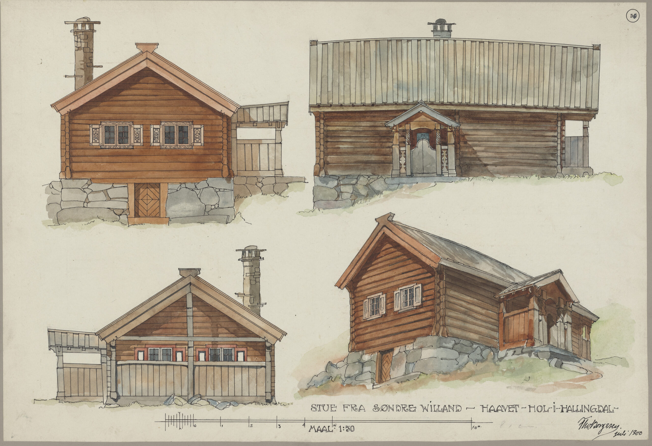 Arkitekttegning som viser fire perspektiver av en tradisjonell norsk trehytte med steinfundament, skorstein og detaljer i tre; merket «Stue fra Sondre Niland – Hagvet-Hol-i-Hallingdal»..