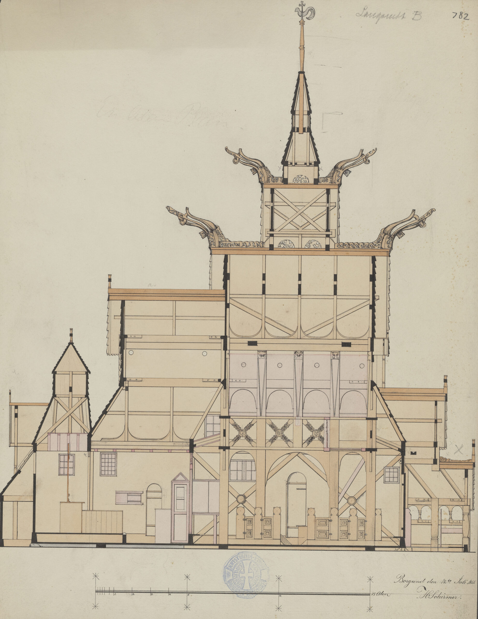Arkitektonisk tverrsnittstegning av en trekirke i flere etasjer med utsmykkede utskjæringer, buer og et høyt sentralt spir med dekorative takdetaljer.