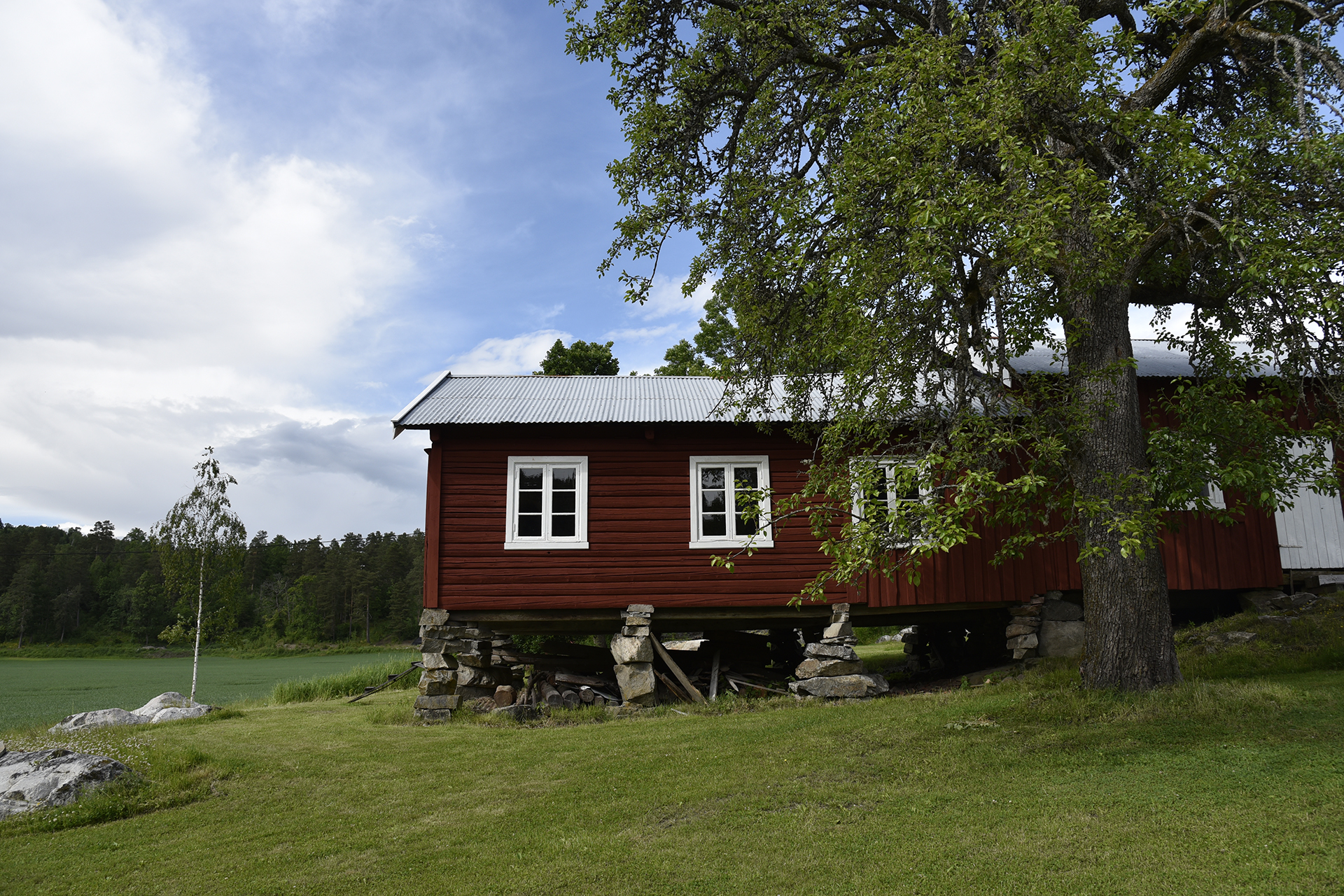 Et rødt trehus på steinstøtter står ved siden av et tre og en gresslette ved bredden av en innsjø, med skog og en overskyet himmel i bakgrunnen.