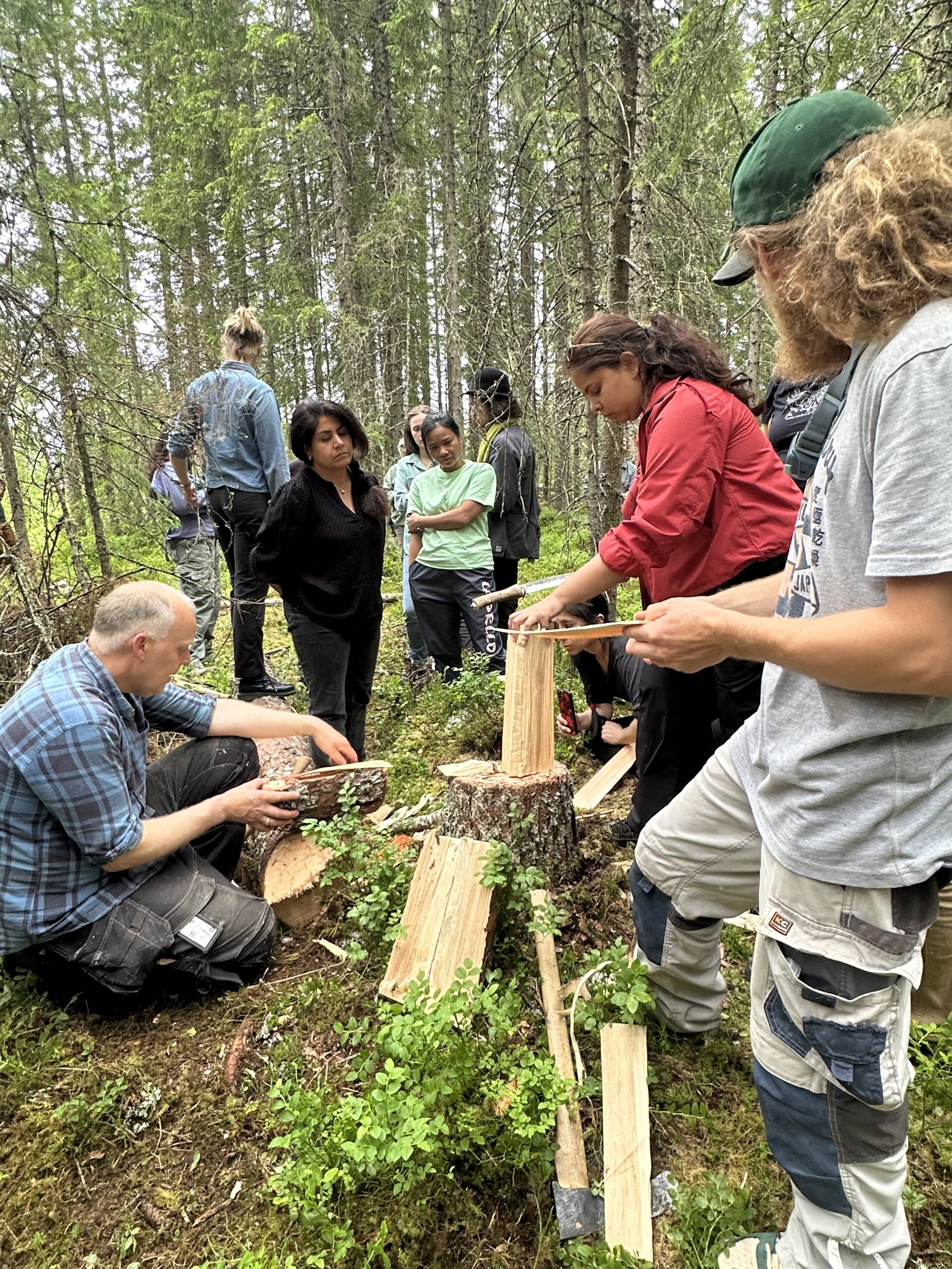 A group of people outdoors in a forest, watching as two individuals split wood with axes near a tree stump.