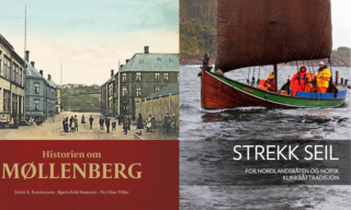 To bokomslag: På venstre side ser man en historisk gatescene og tittelen «Historien om Møllenberg». På høyre side ser man folk som seiler i en trebåt, med tittelen «Strekk Seil».