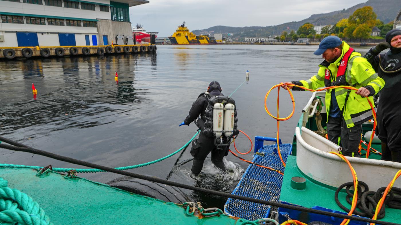 En dykker i fullt utstyr går i vannet fra en båt, mens to besetningsmedlemmer i sikkerhetsutstyr håndterer tau og utstyr på dekk ved en havn der båten ligger fortøyd.