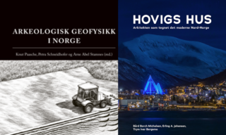 To bokomslag side om side: Arkeologisk geofysikk i Norge med en illustrasjon av en traktor, og Hovigs Hus med et nattbilde av Tromsø domkirke.